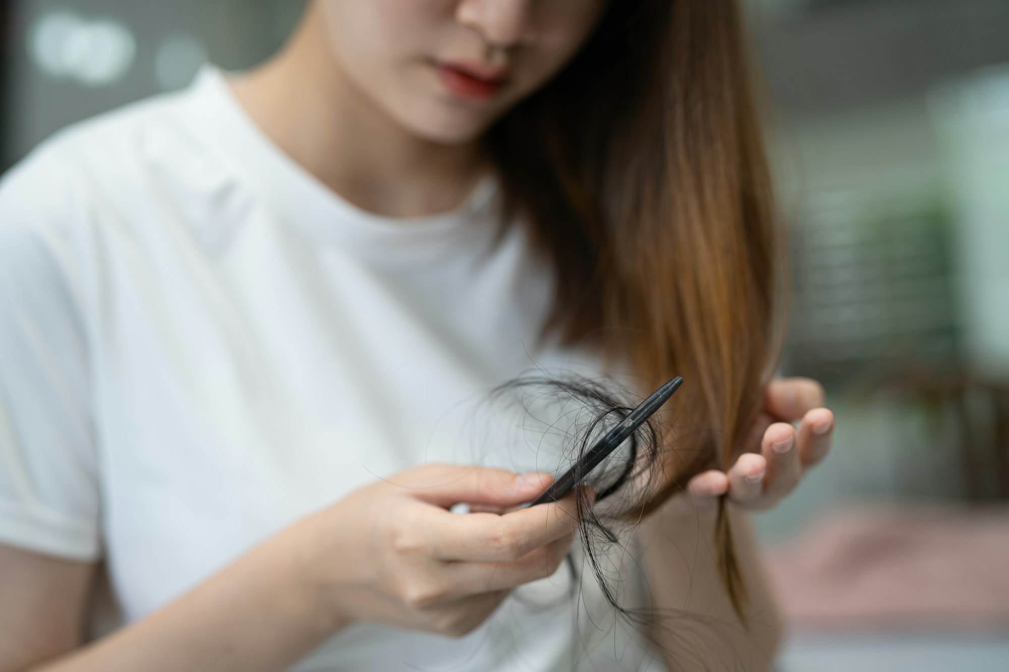 Asian woman have problem with long hair loss attach to comb brush  - Top diez mitos sobre el injerto capilar desmentidos - uve medical, clinica de injertos capilares y estetica facial